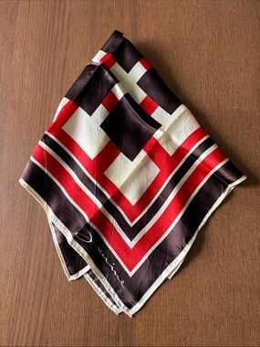 JANINE - Silky 70s Geometric Print Scarf in Red, Brown & Cream - Designer Style